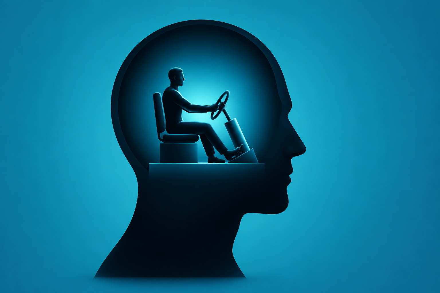 A person steering from within the silhouette of a human head, representing human agency and autonomy.
